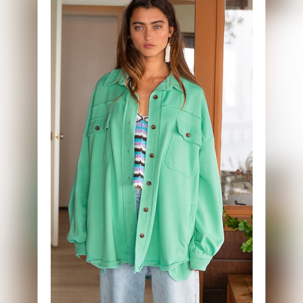POL Mint Green Button-Up Sweatshirt